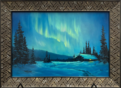 TRAPPER'S CABIN AND AURORA ORIGINAL OIL FRAMED