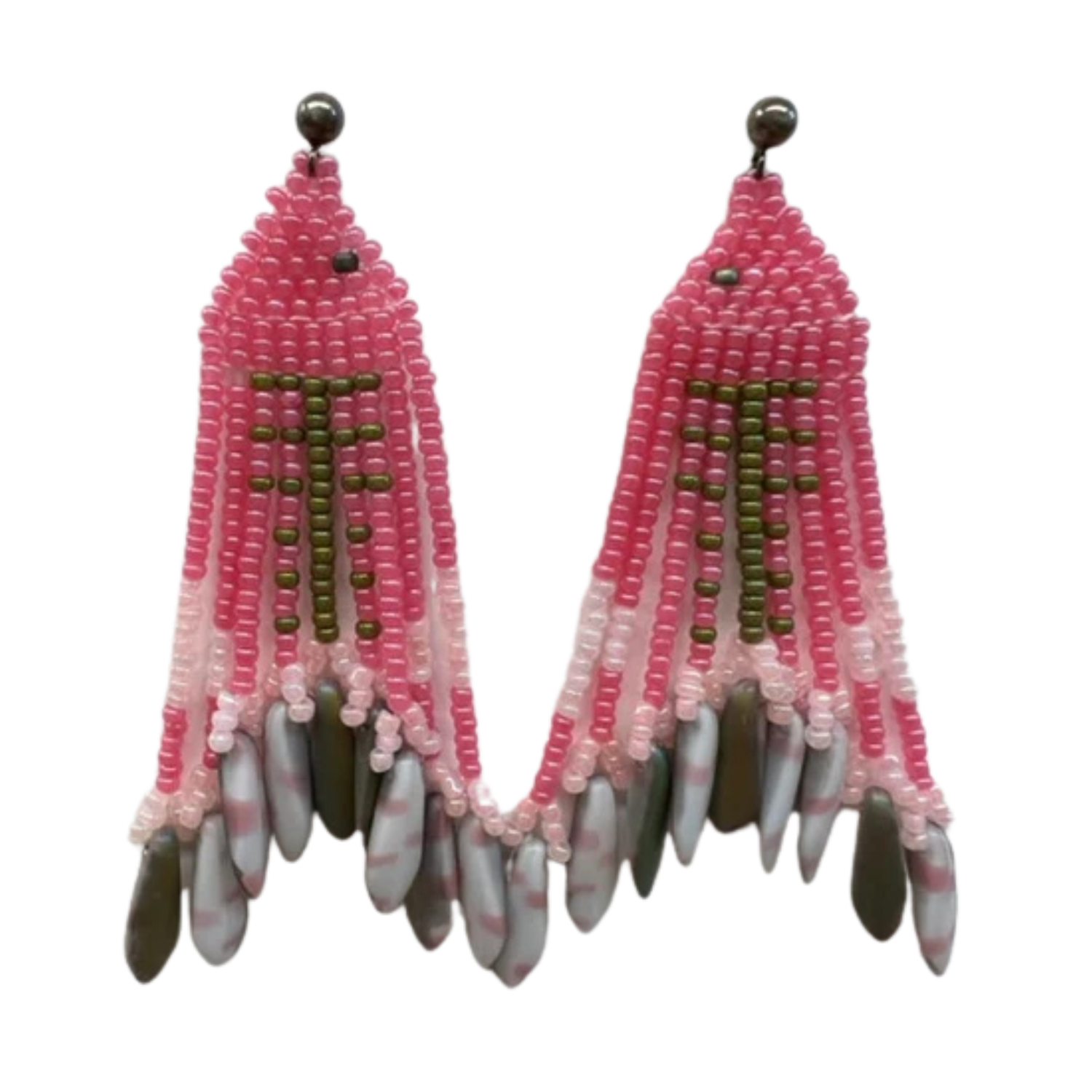 FISH TRIANGLE FRINGE EARRINGS PINK GREEN