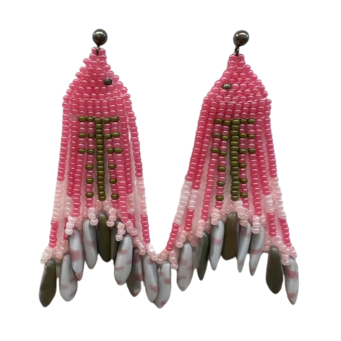 FISH TRIANGLE FRINGE EARRINGS PINK GREEN