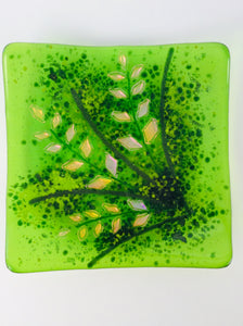 GREEN FIREWEED SQUARE PLATE 6.5" FUSED GLASS